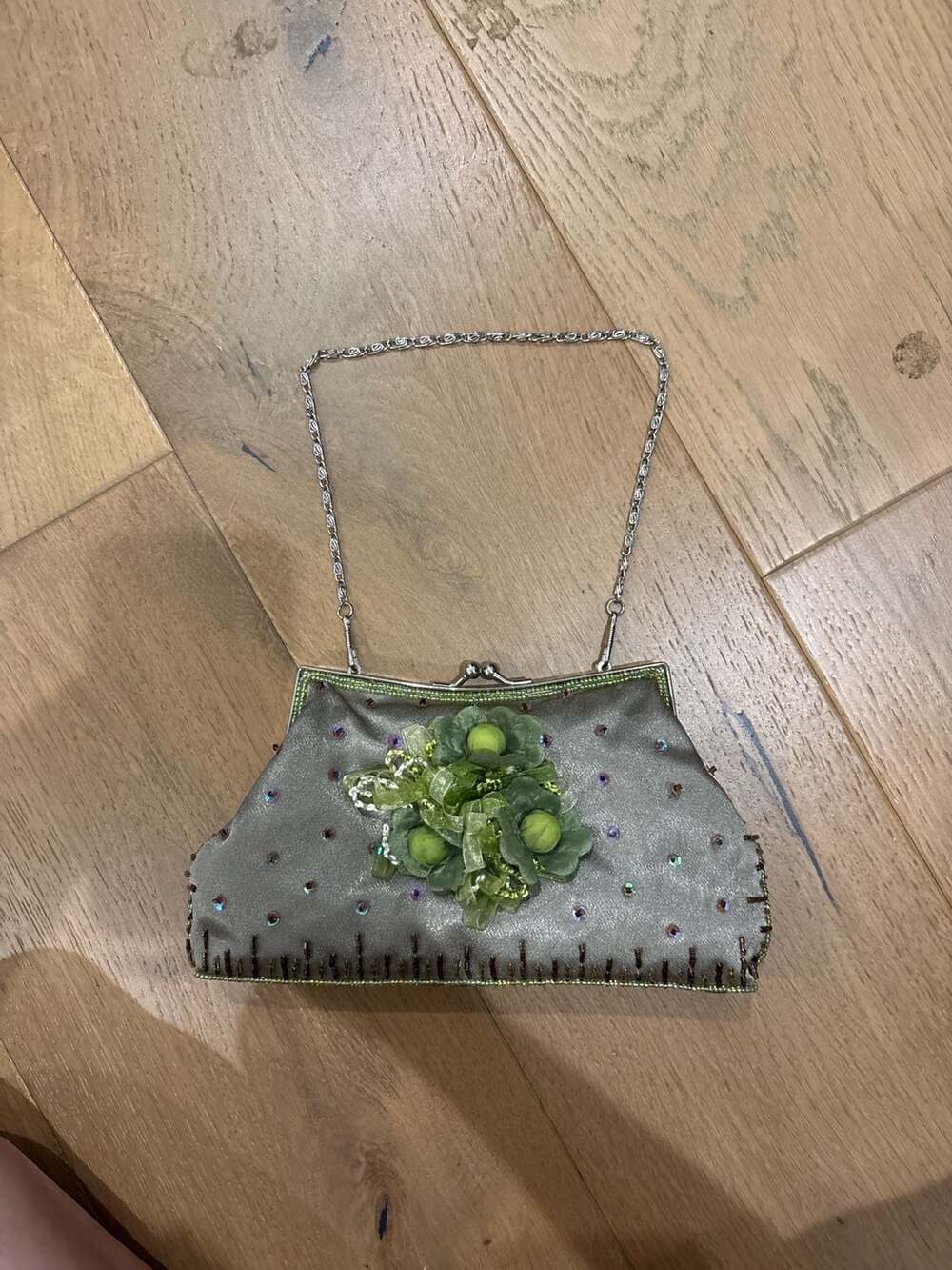 Mad Bags Vintage Style Beaded Satin Evening Bag with Green Floral Applique